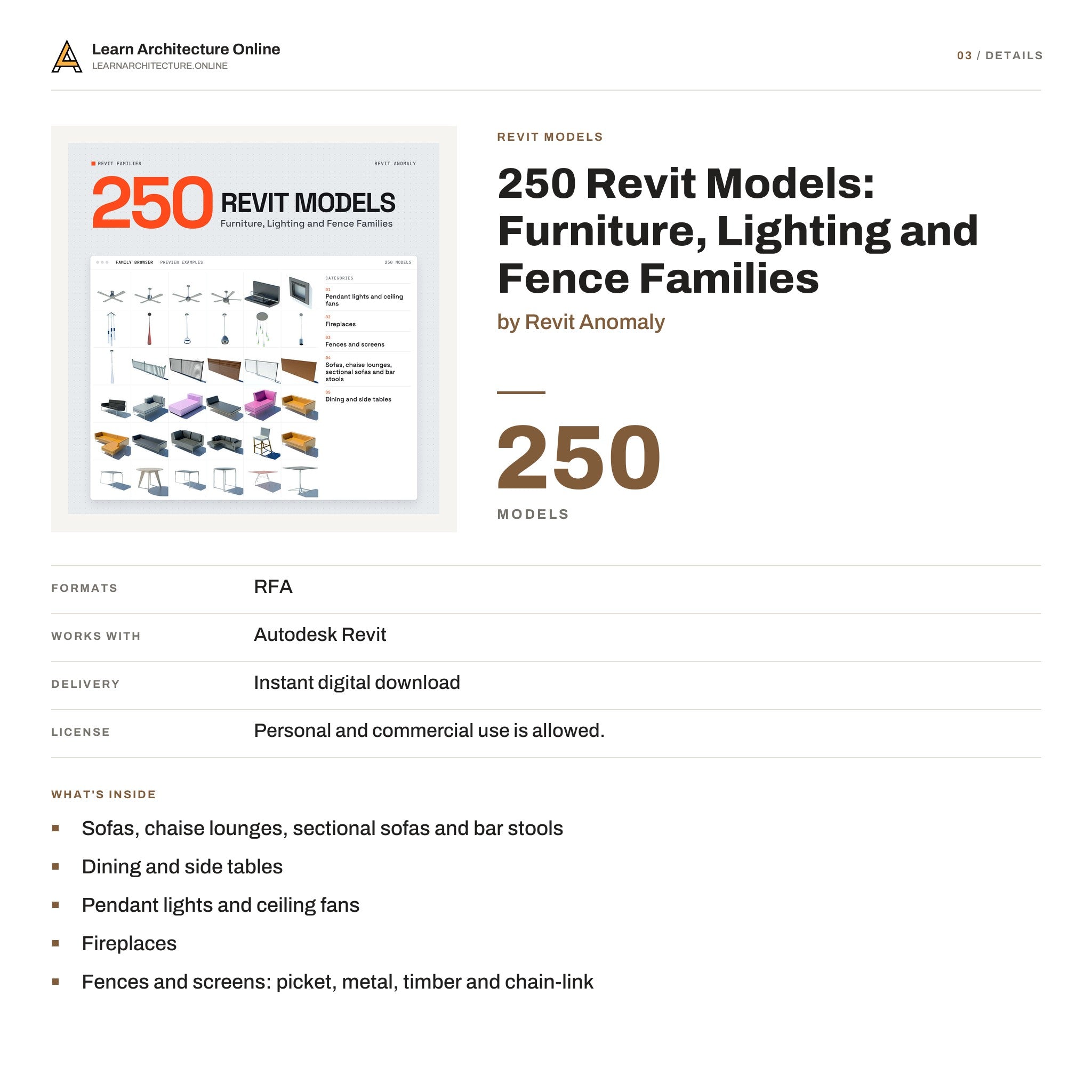 250 Revit Models: Furniture, Lighting and Fence Families details