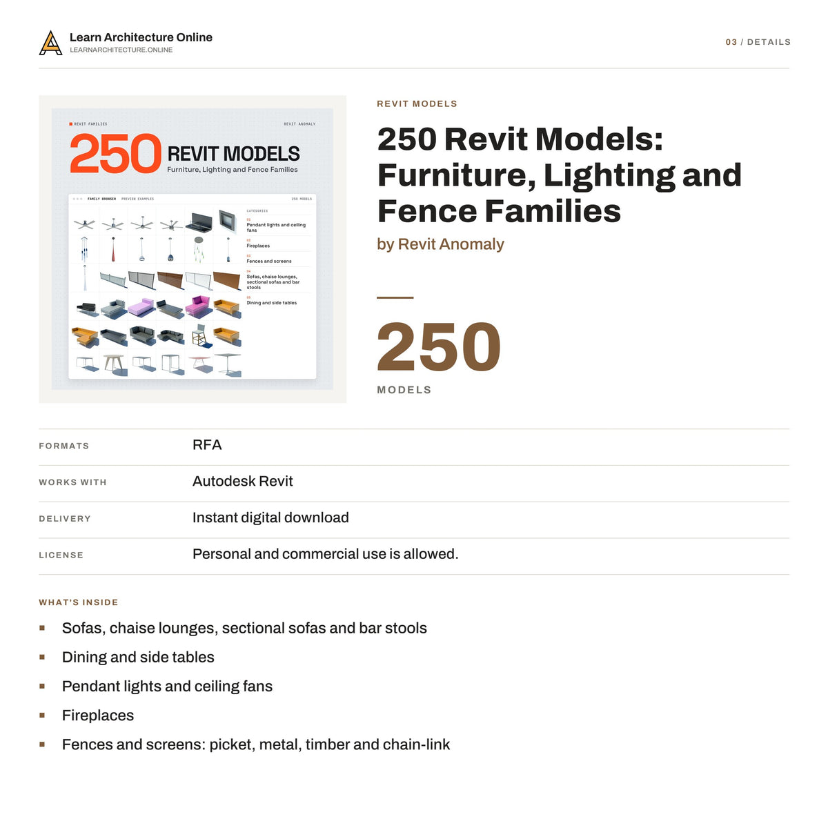 250 Revit Models: Furniture, Lighting and Fence Families details
