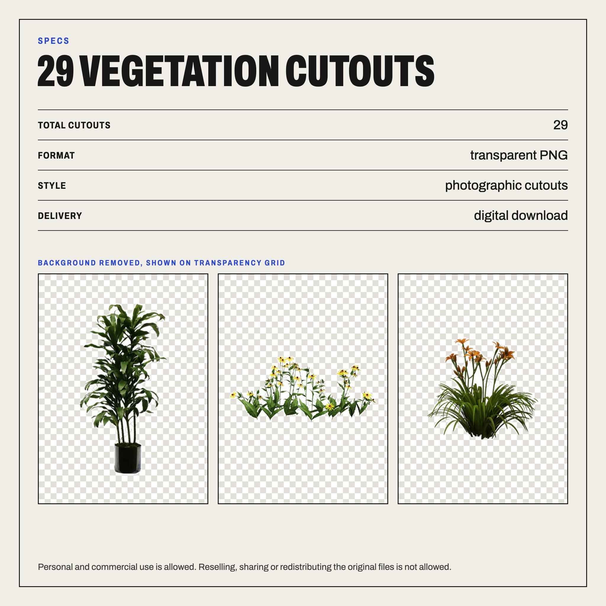 Vegetation Cutouts: Potted Plants, Grasses, Flowers: specs
