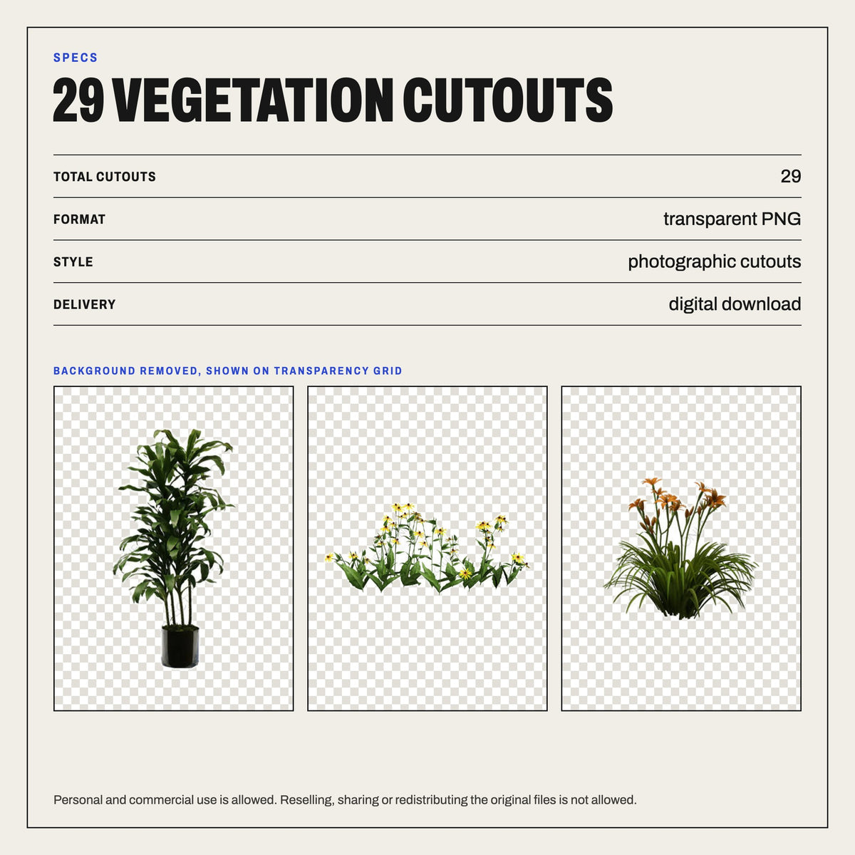 Vegetation Cutouts: Potted Plants, Grasses, Flowers: specs