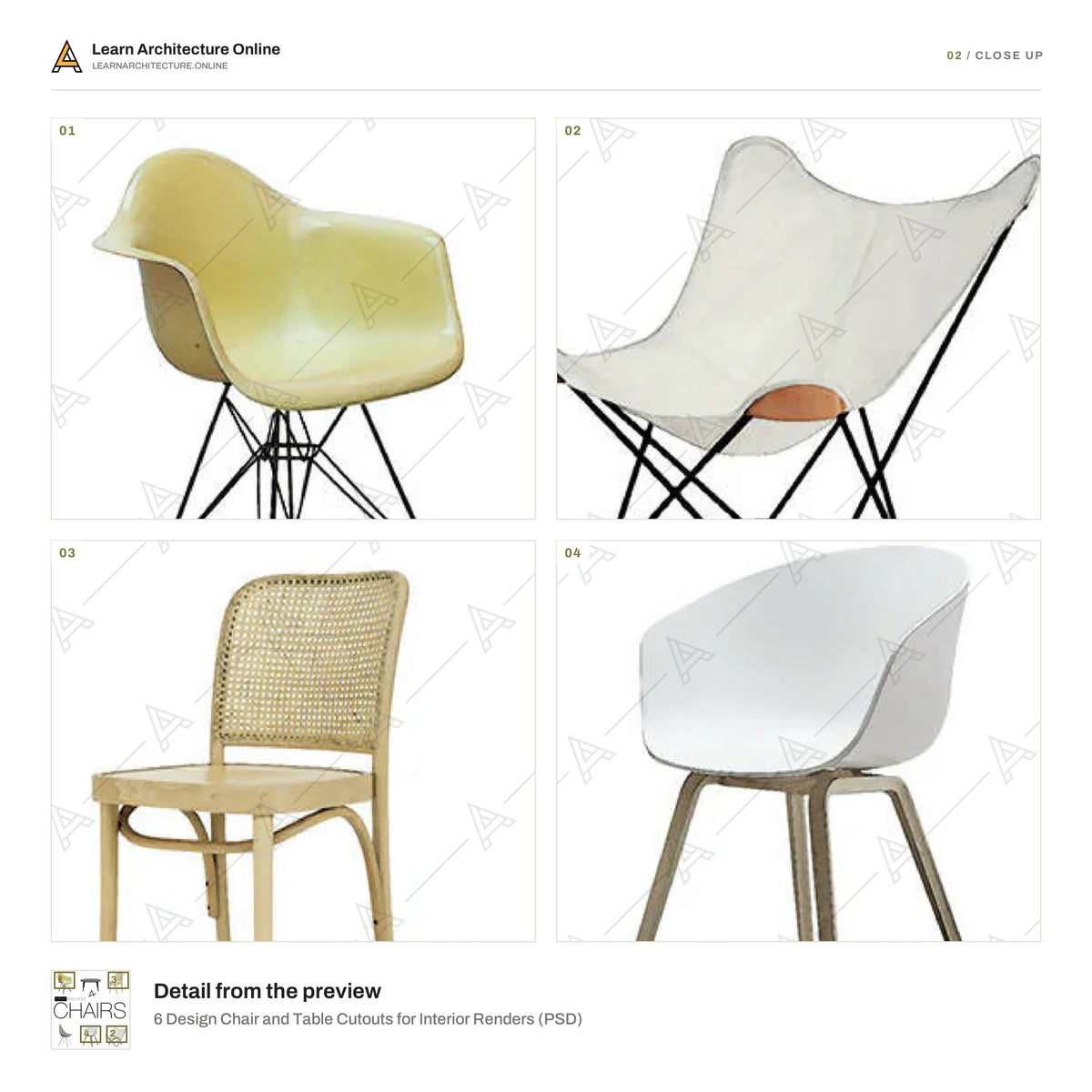 6 Design Chair and Table Cutouts for Interior Renders close up