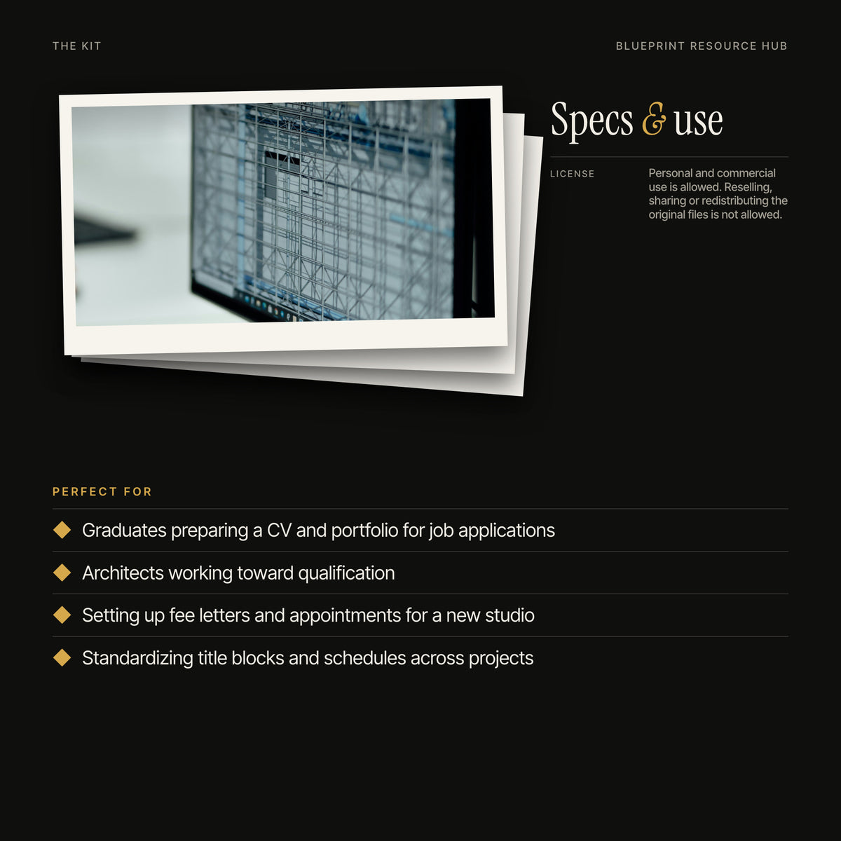Starter Kit for Architects: CAD Blocks, Templates, Revit Packs: kit specs