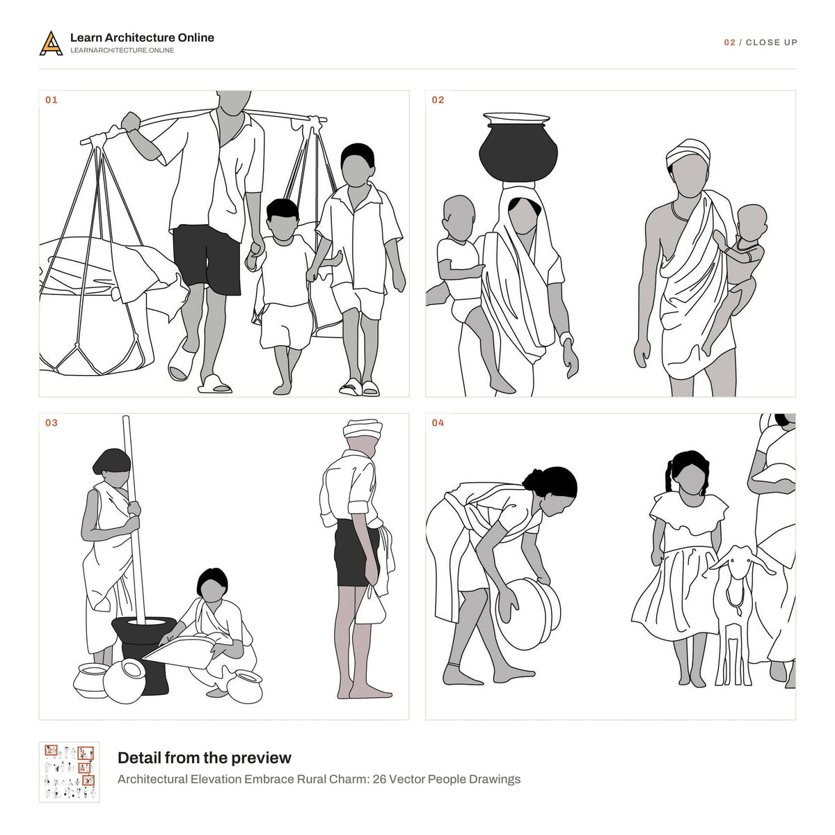Architectural Elevation Embrace Rural Charm: 26 Vector People Drawings close up