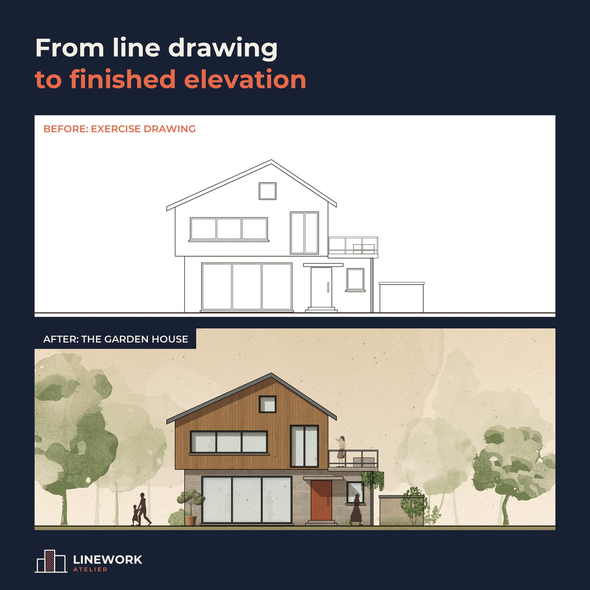 Exercise line drawing and the finished Garden House elevation
