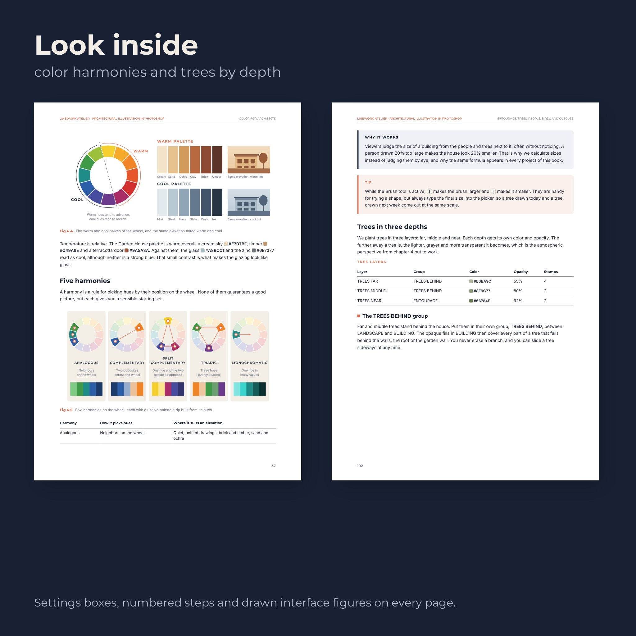 Look inside: color harmonies and trees by depth, with settings tables