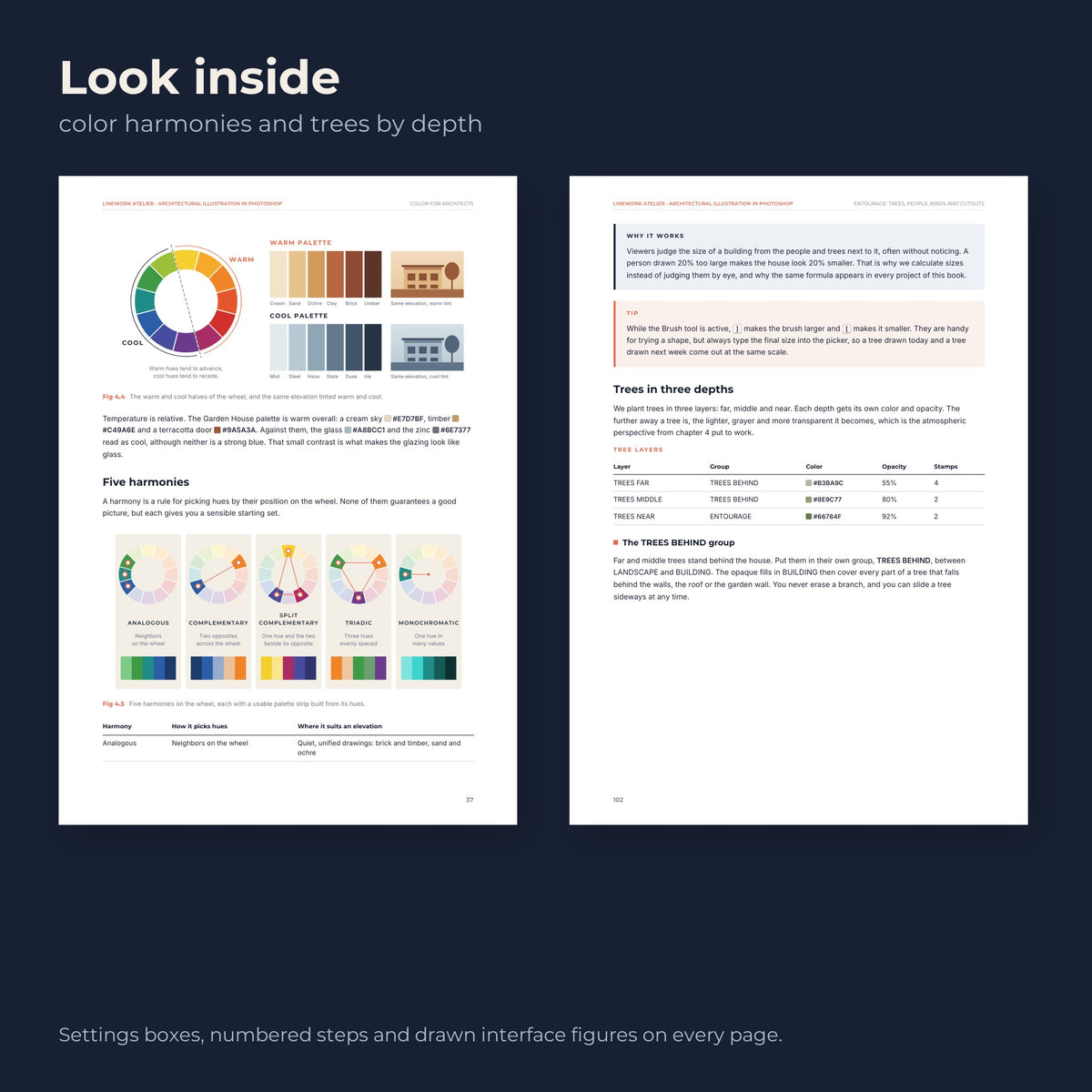 Look inside: color harmonies and trees by depth, with settings tables