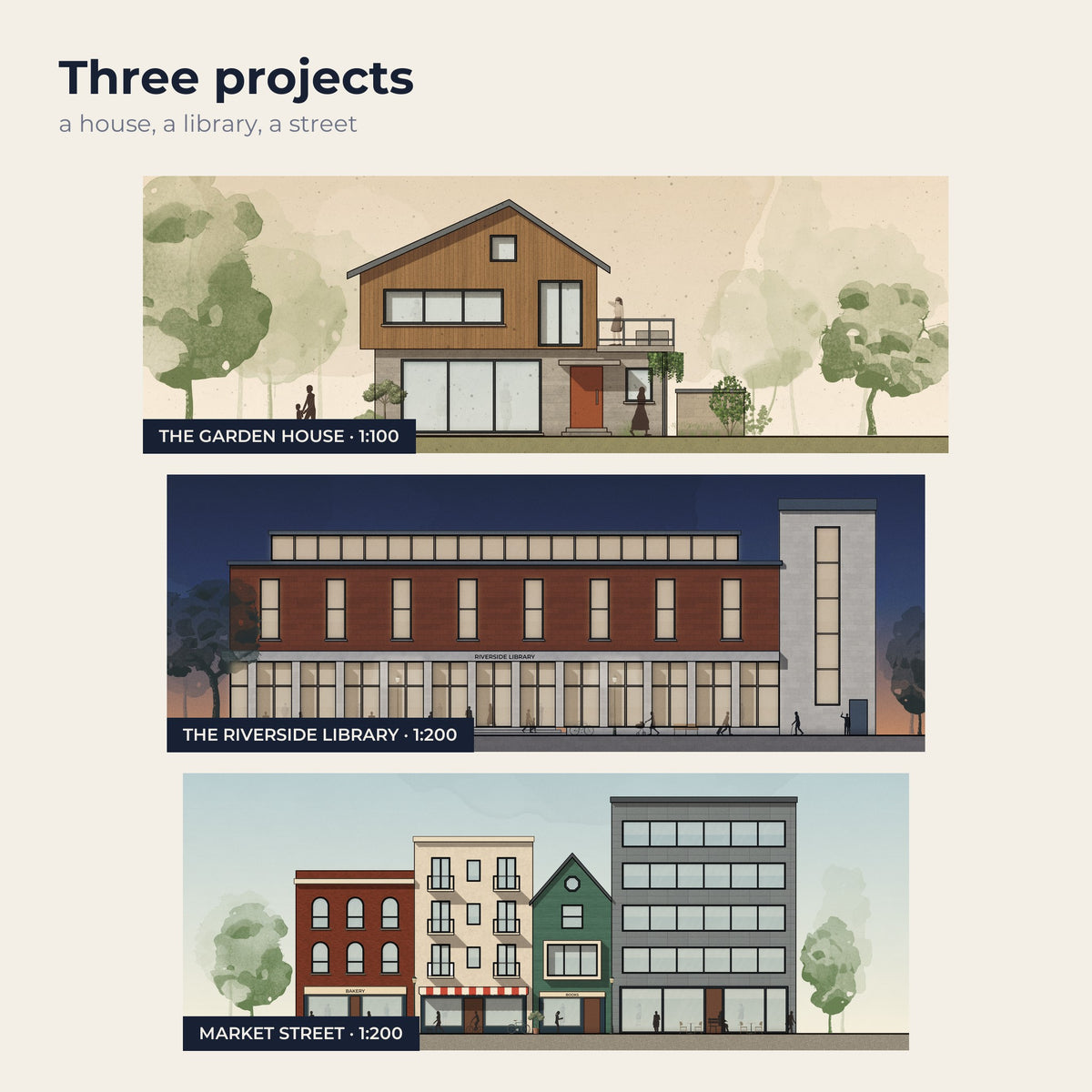 Three projects: The Garden House, The Riverside Library at dusk and Market Street