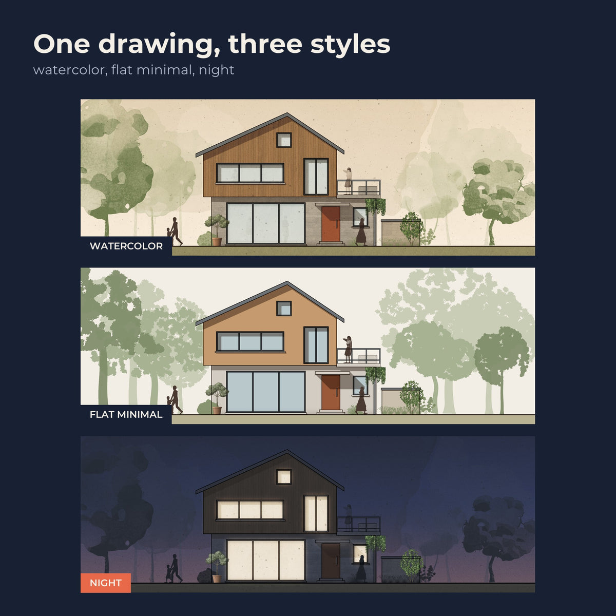 One drawing in three styles: watercolor, flat minimal and night