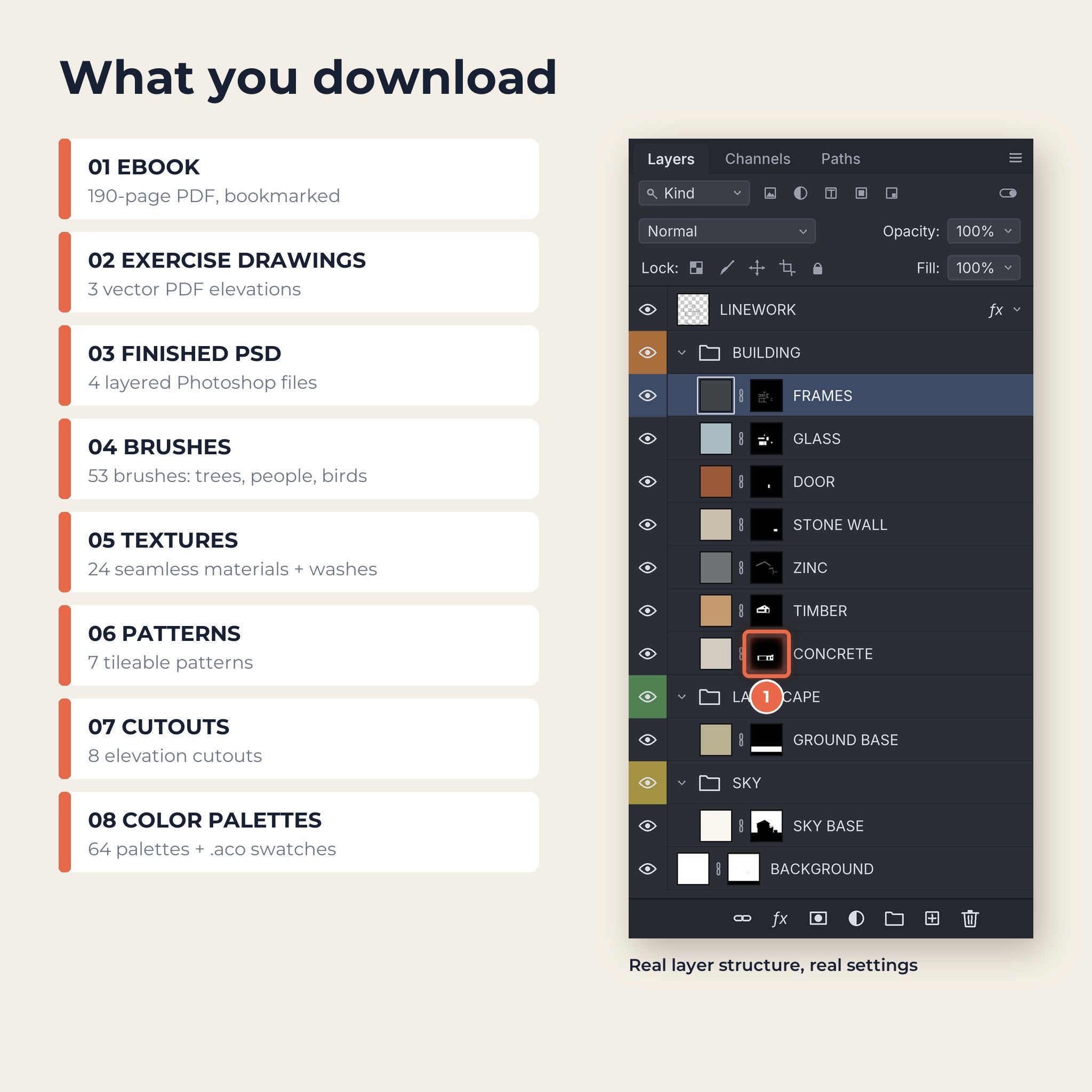 Download contents: ebook, exercise drawings, layered PSD files, brushes, textures, patterns, cutouts and palettes