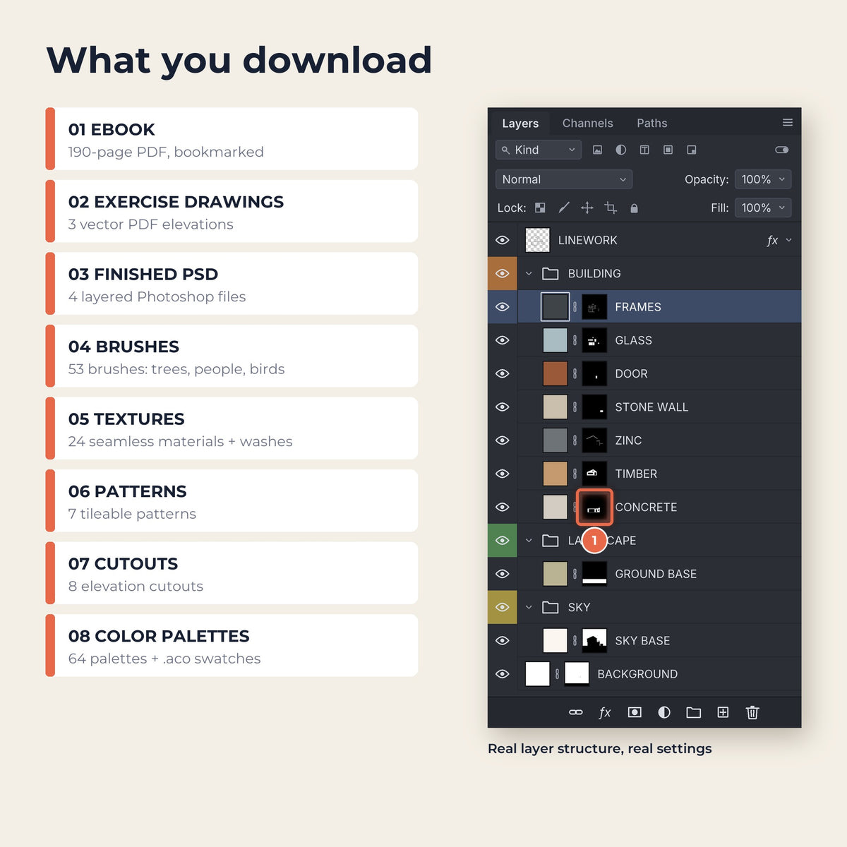 Download contents: ebook, exercise drawings, layered PSD files, brushes, textures, patterns, cutouts and palettes