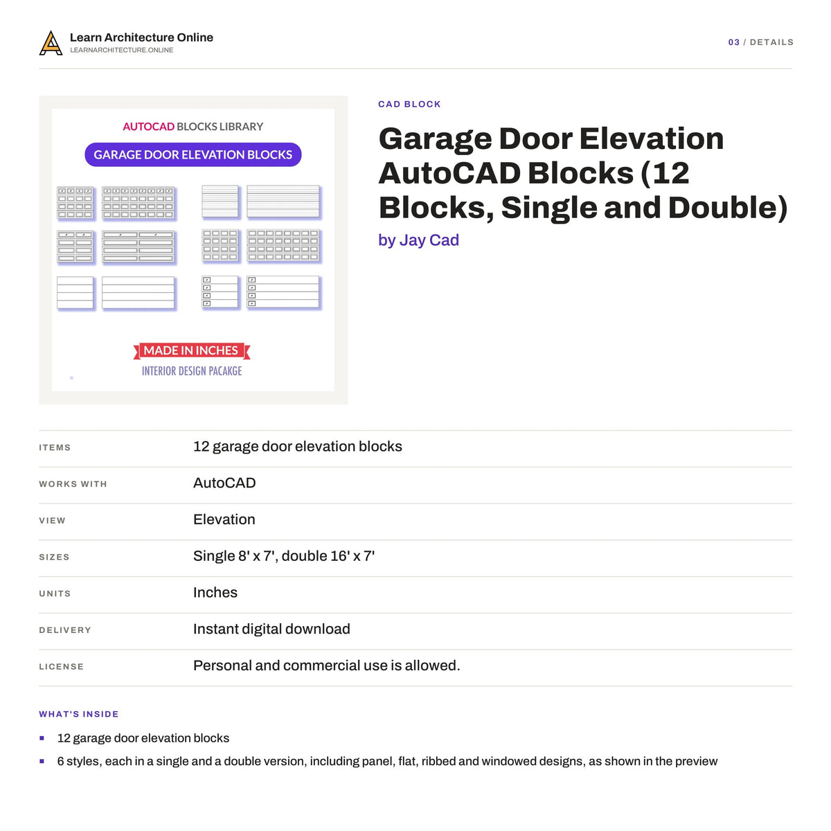 Garage Door Elevation AutoCAD Blocks details