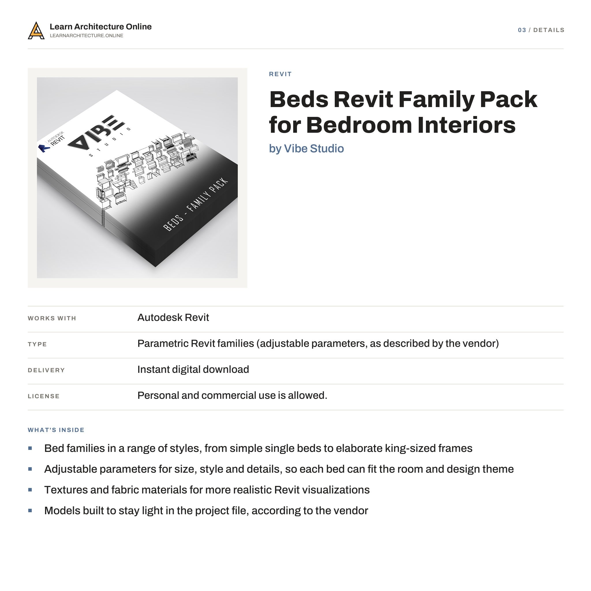 Beds Revit Family Pack for Bedroom Interiors details