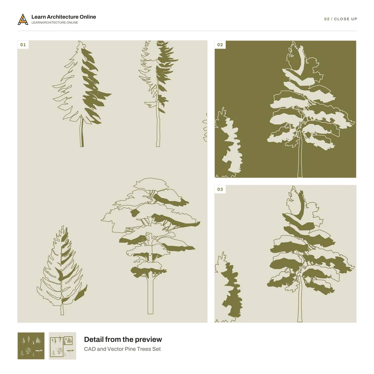 CAD and Vector Pine Trees Set close up