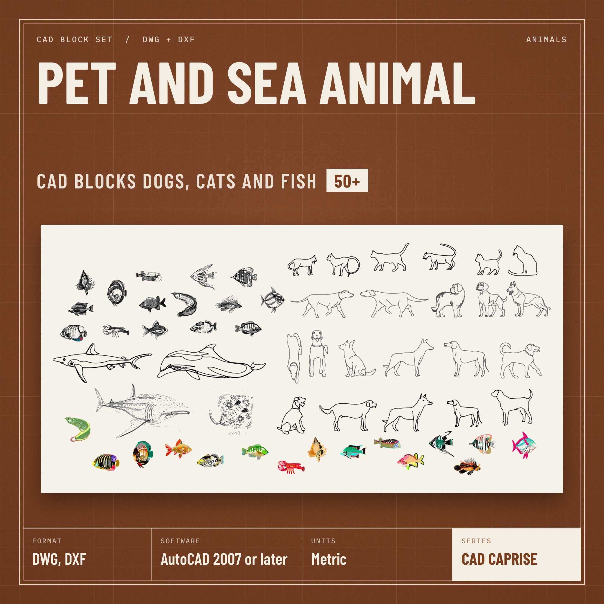 Pet and Sea Animal CAD Blocks: Dogs, Cats and Fish cover