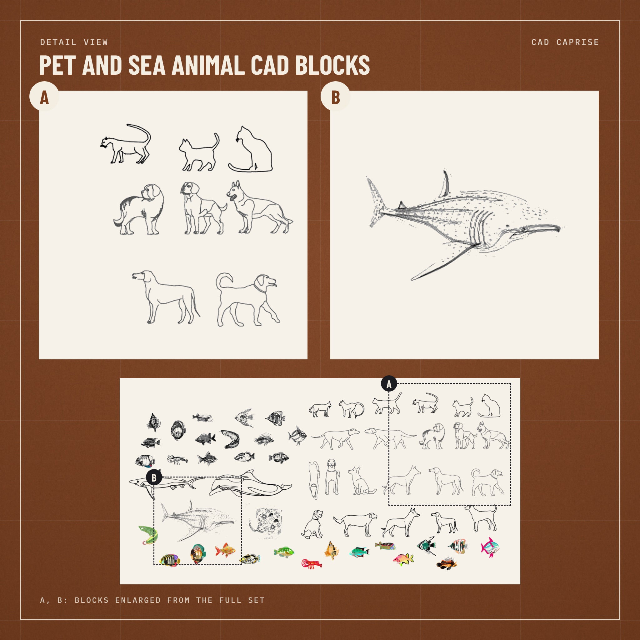 Pet and Sea Animal CAD Blocks: Dogs, Cats and Fish: detail