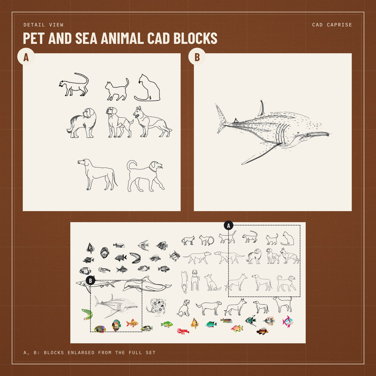 Pet and Sea Animal CAD Blocks: Dogs, Cats and Fish: detail