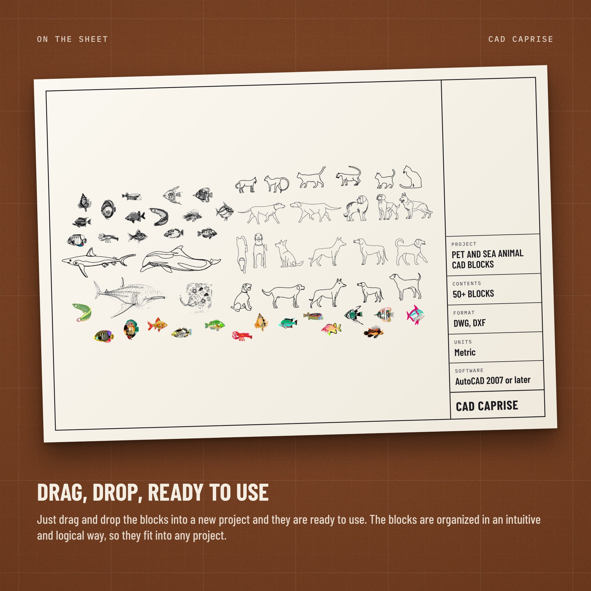 Pet and Sea Animal CAD Blocks: Dogs, Cats and Fish: sheet