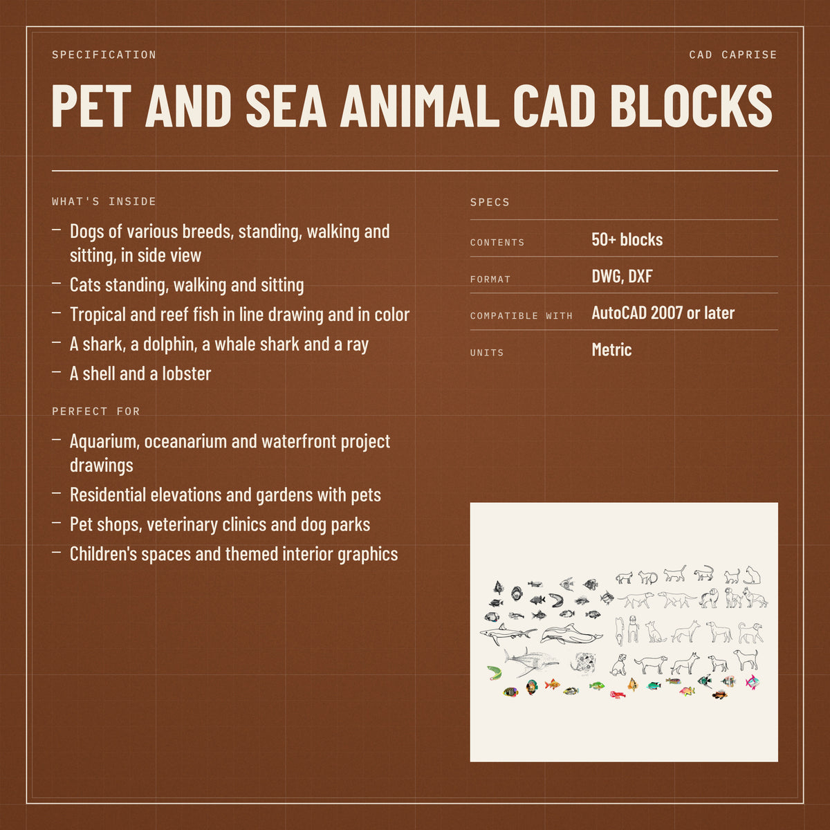 Pet and Sea Animal CAD Blocks: Dogs, Cats and Fish: specs
