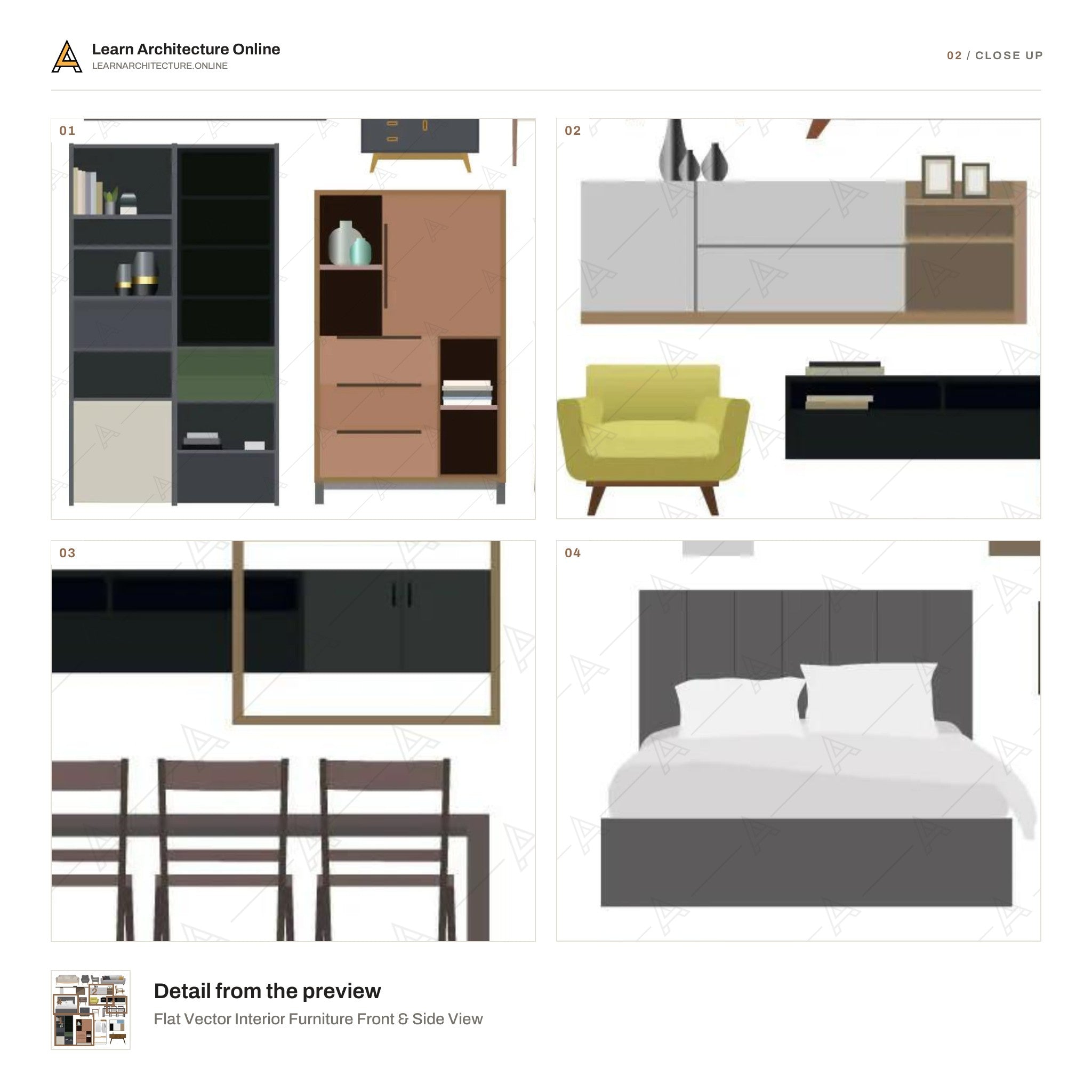 Flat Vector Interior Furniture Front & Side View close up