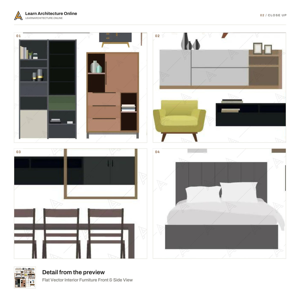 Flat Vector Interior Furniture Front & Side View close up