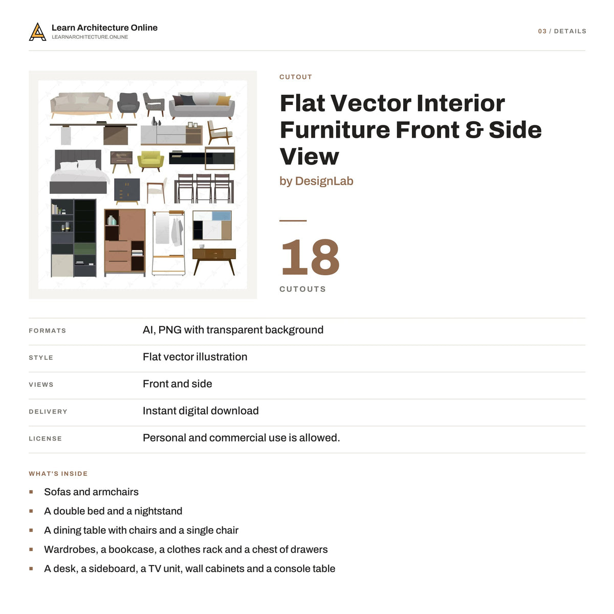 Flat Vector Interior Furniture Front & Side View details