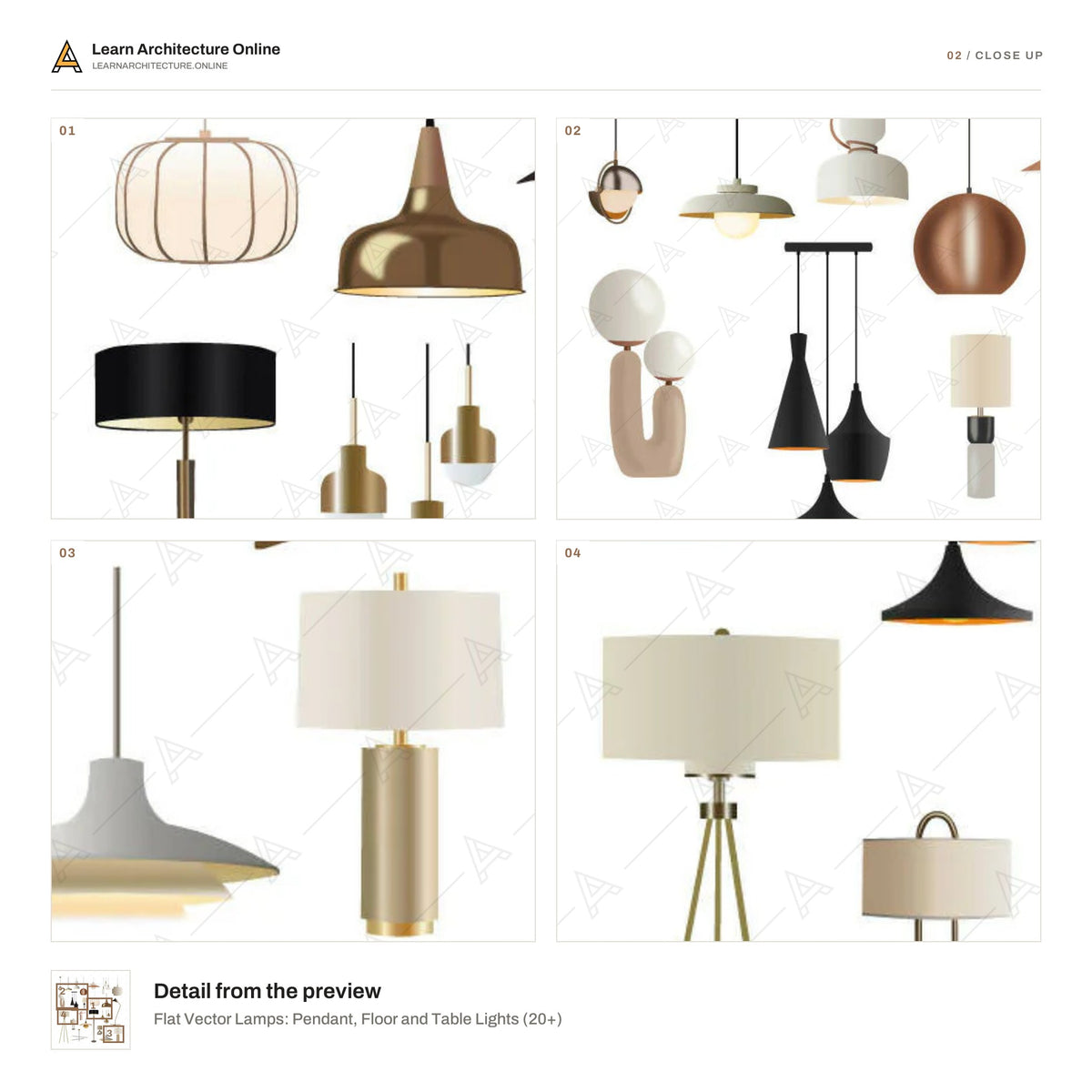 Flat Vector Lamps: Pendant, Floor and Table Lights close up