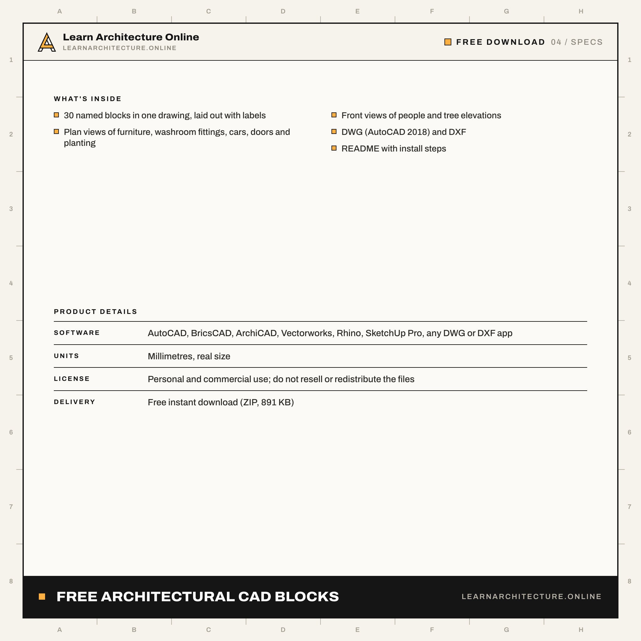 Free Architectural CAD Blocks: 30 Furniture, People, Trees, Cars and Doors: specs