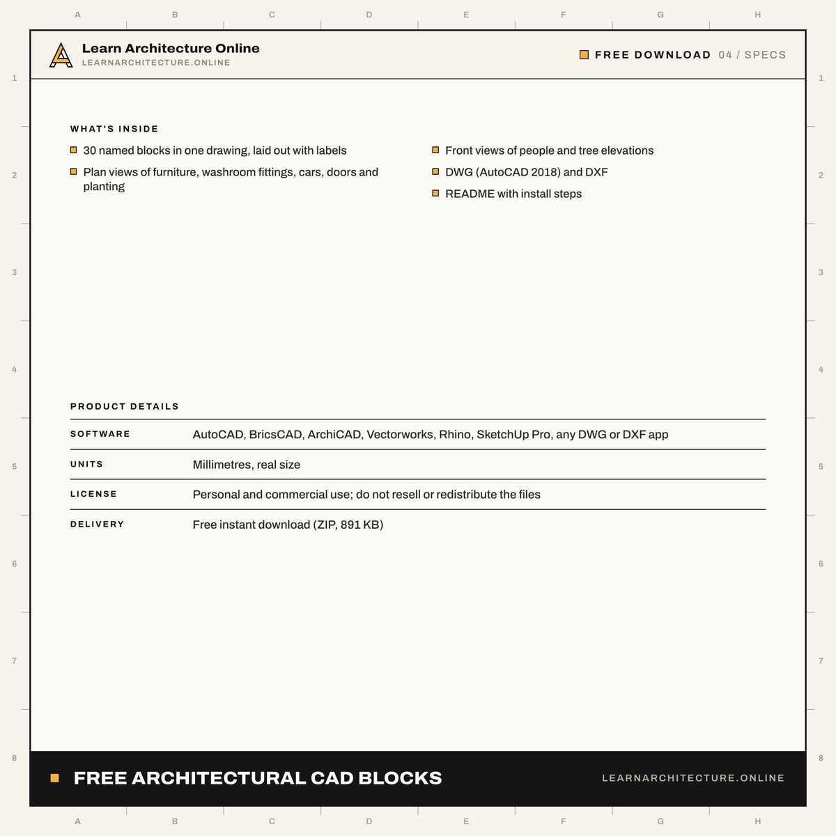 Free Architectural CAD Blocks: 30 Furniture, People, Trees, Cars and Doors: specs