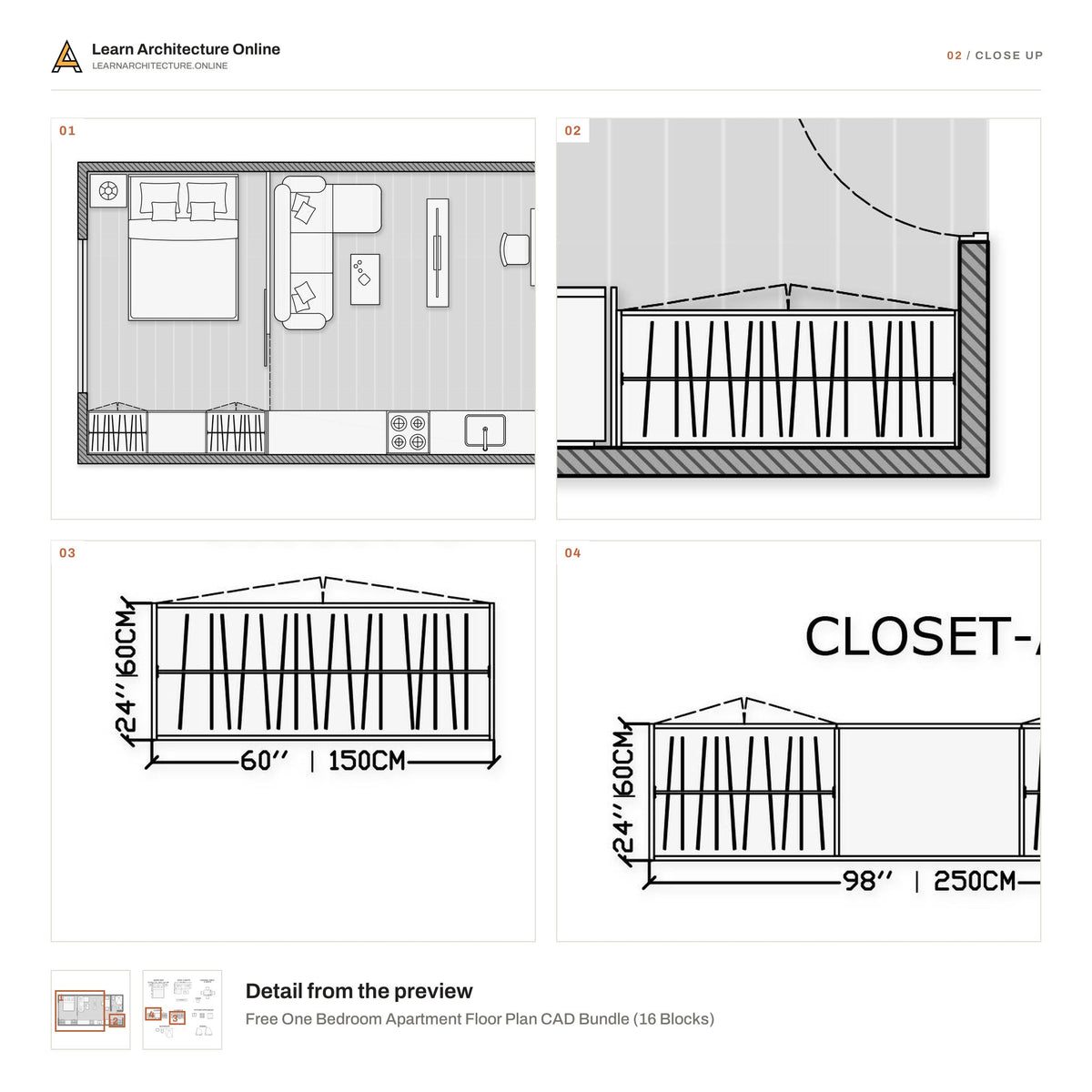 Free One Bedroom Apartment Floor Plan CAD Bundle close up