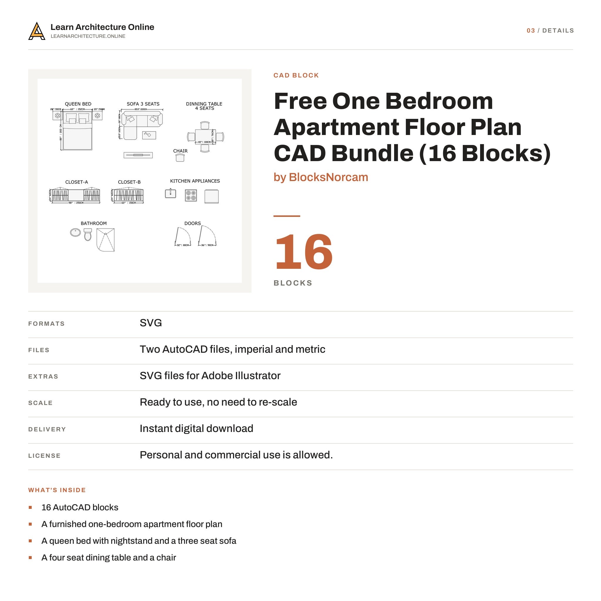 Free One Bedroom Apartment Floor Plan CAD Bundle details