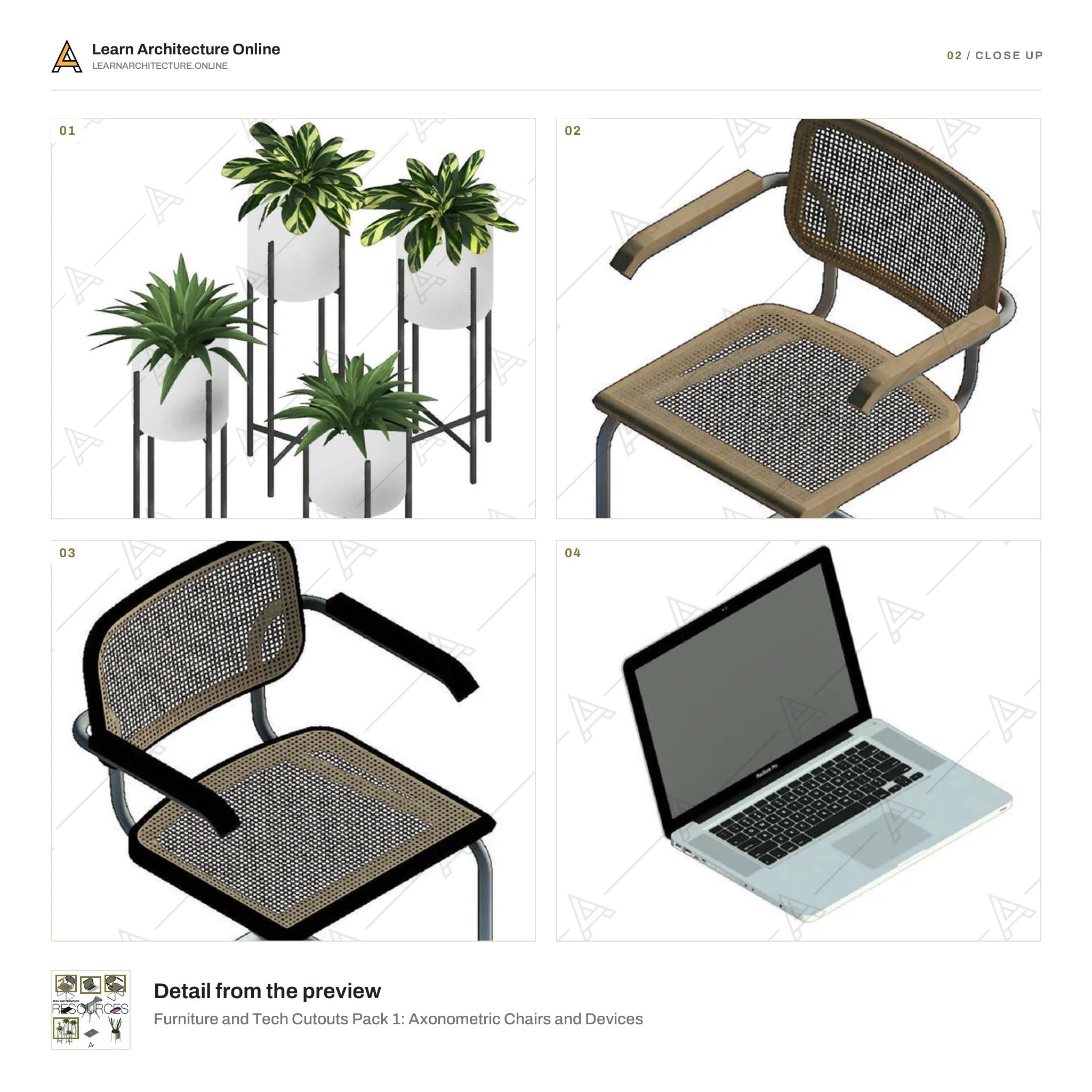 Furniture and Tech Cutouts Pack 1: Axonometric Chairs and Devices close up