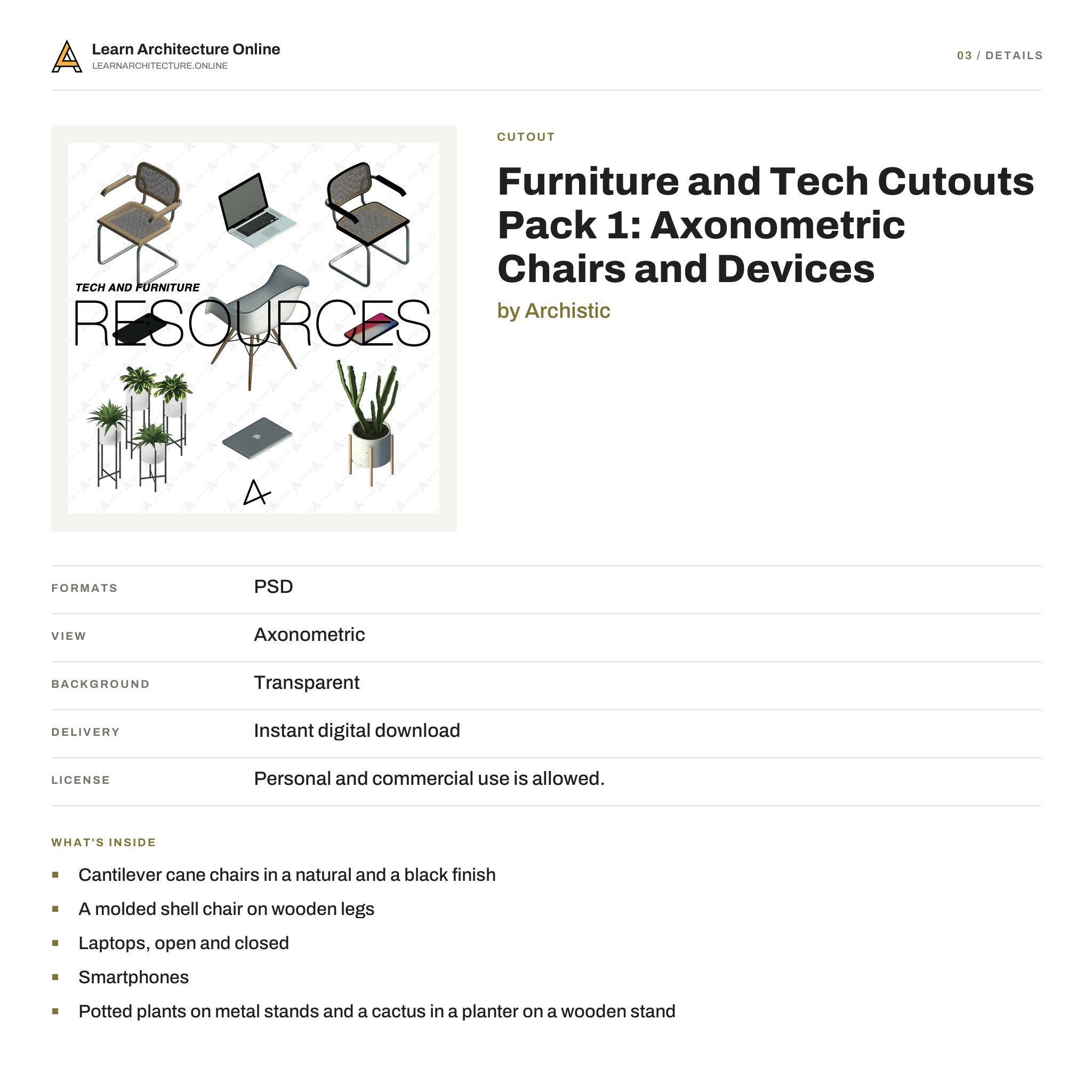 Furniture and Tech Cutouts Pack 1: Axonometric Chairs and Devices details