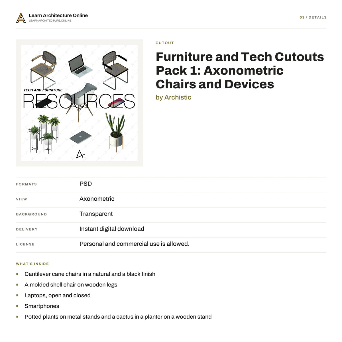 Furniture and Tech Cutouts Pack 1: Axonometric Chairs and Devices details