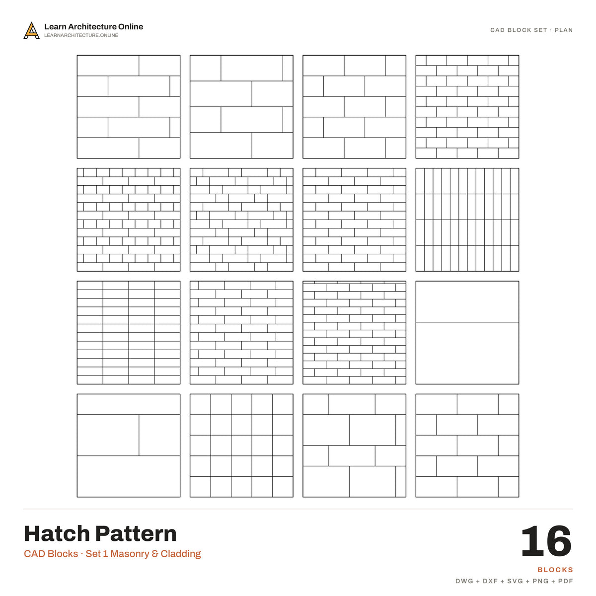 Hatch Pattern CAD Blocks · Set 1 Masonry & Cladding (16 Blocks)