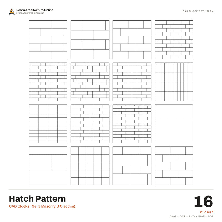 Hatch Pattern CAD Blocks · Set 1 Masonry & Cladding (16 Blocks)