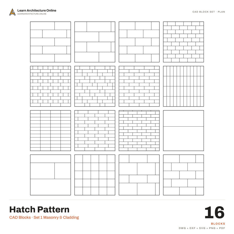 Hatch Pattern CAD Blocks · Set 1 Masonry & Cladding (16 Blocks)