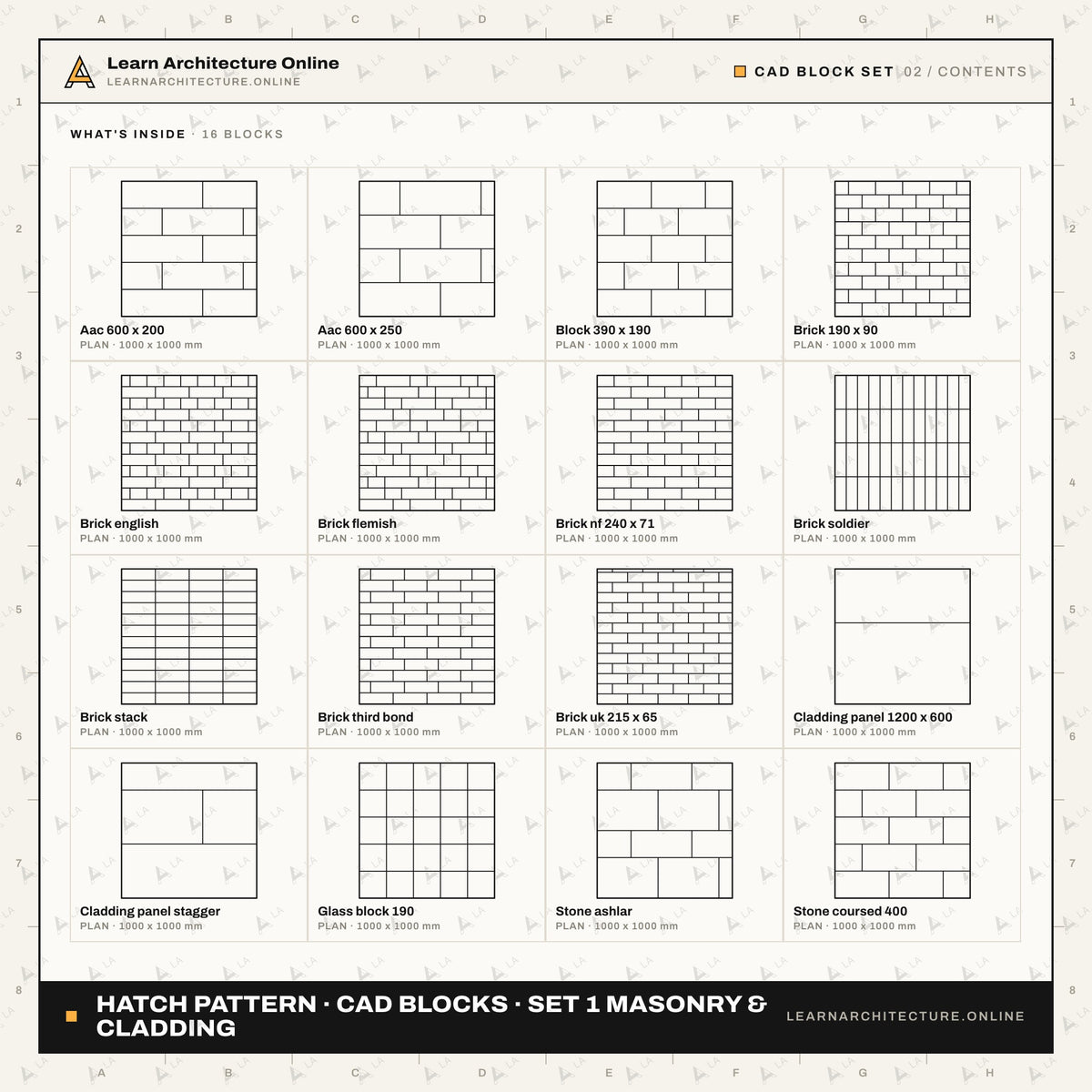 Hatch Pattern CAD Blocks · Set 1 Masonry & Cladding (16 Blocks)