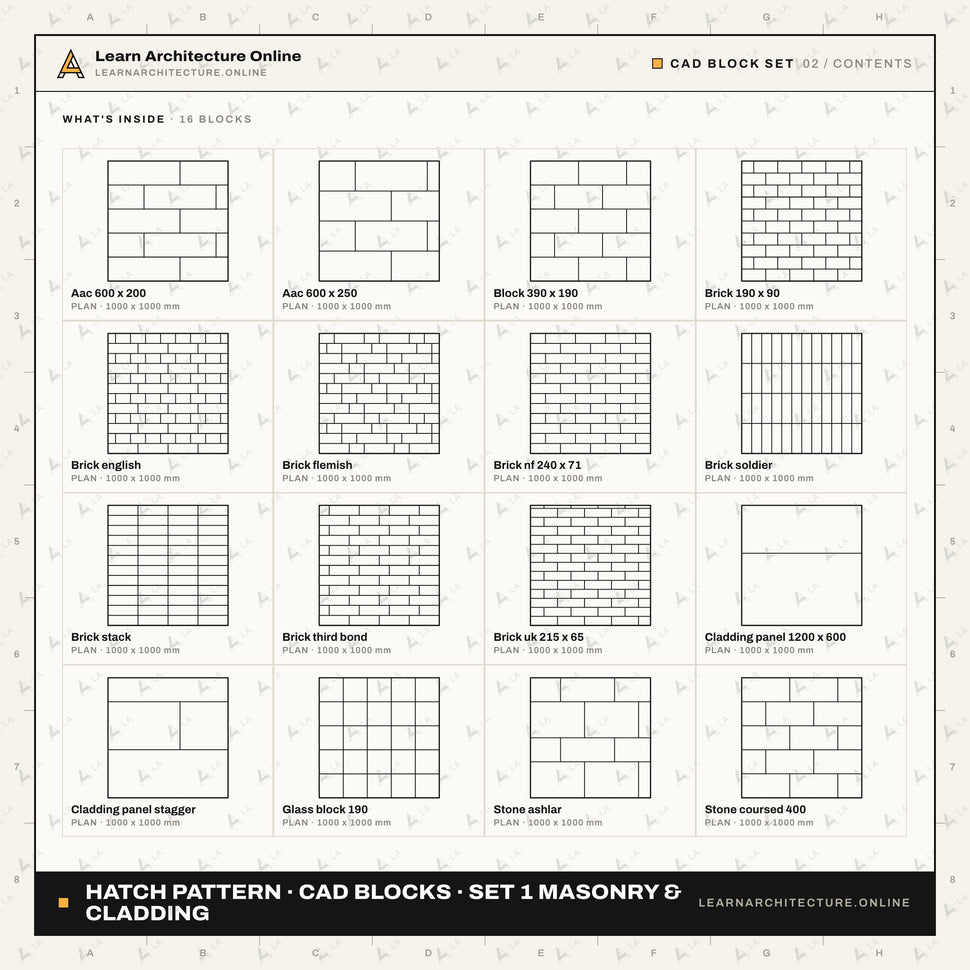 Hatch Pattern CAD Blocks · Set 1 Masonry & Cladding (16 Blocks)