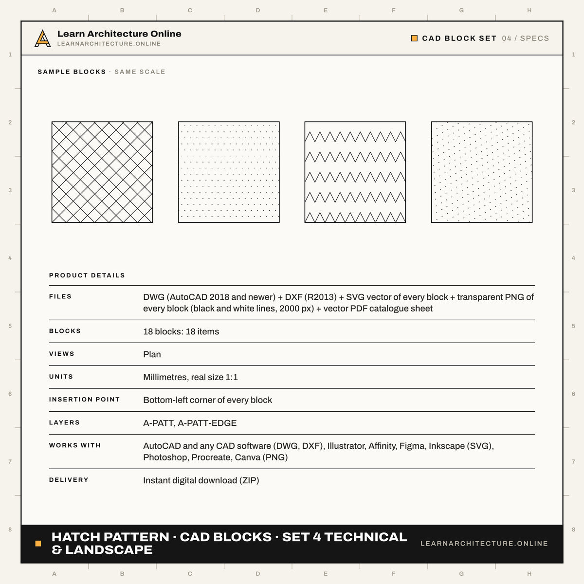 Hatch Pattern CAD Blocks · Set 4 Technical & Landscape (18 Blocks)