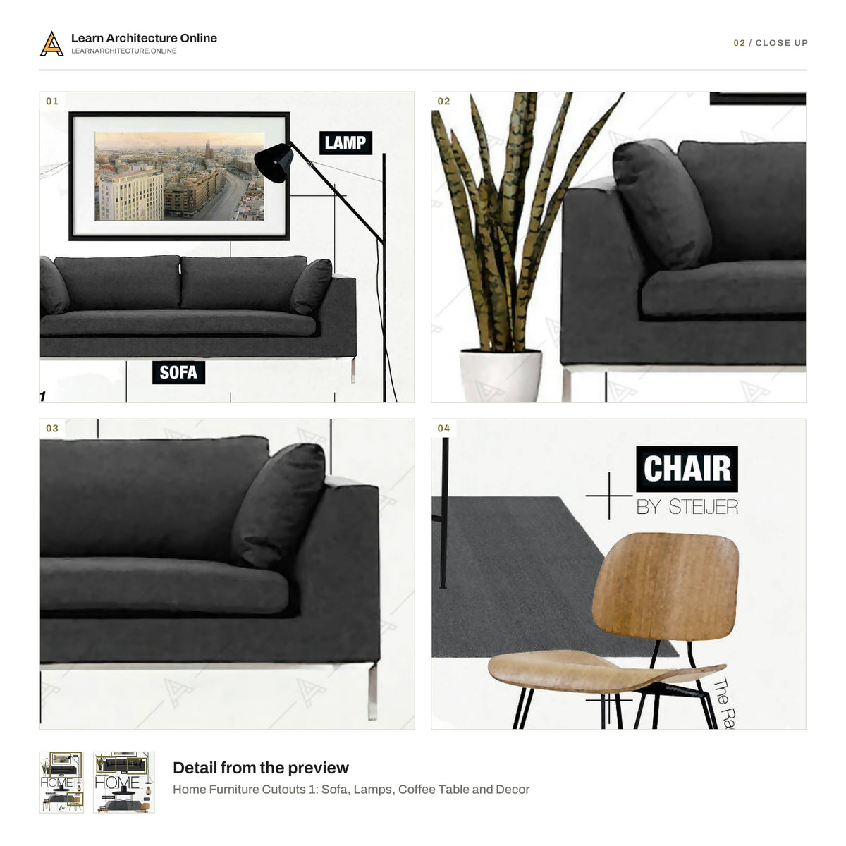 Home Furniture Cutouts 1: Sofa, Lamps, Coffee Table and Decor close up