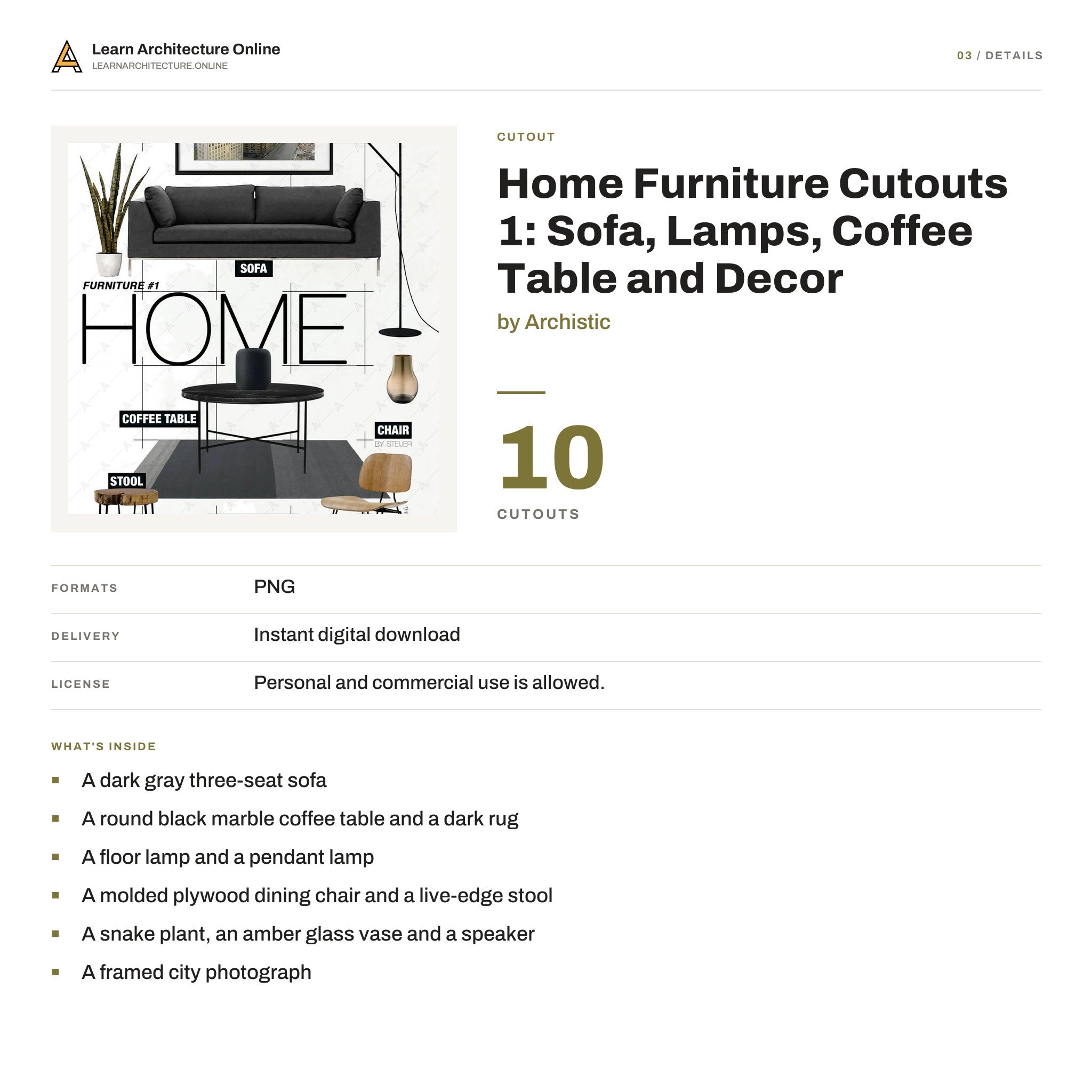 Home Furniture Cutouts 1: Sofa, Lamps, Coffee Table and Decor details