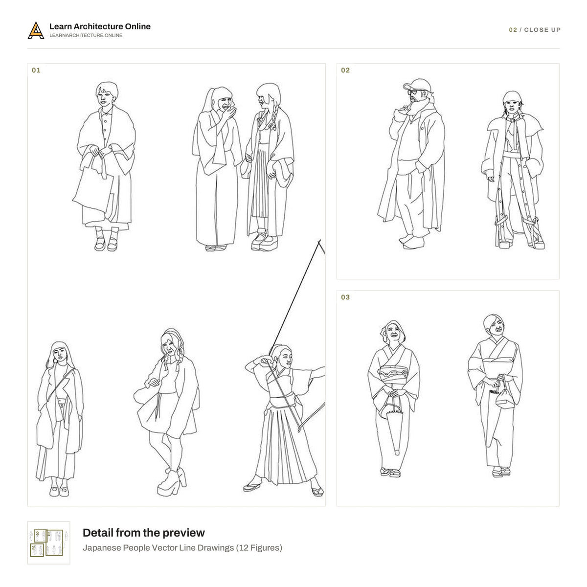 Japanese People Vector Line Drawings close up