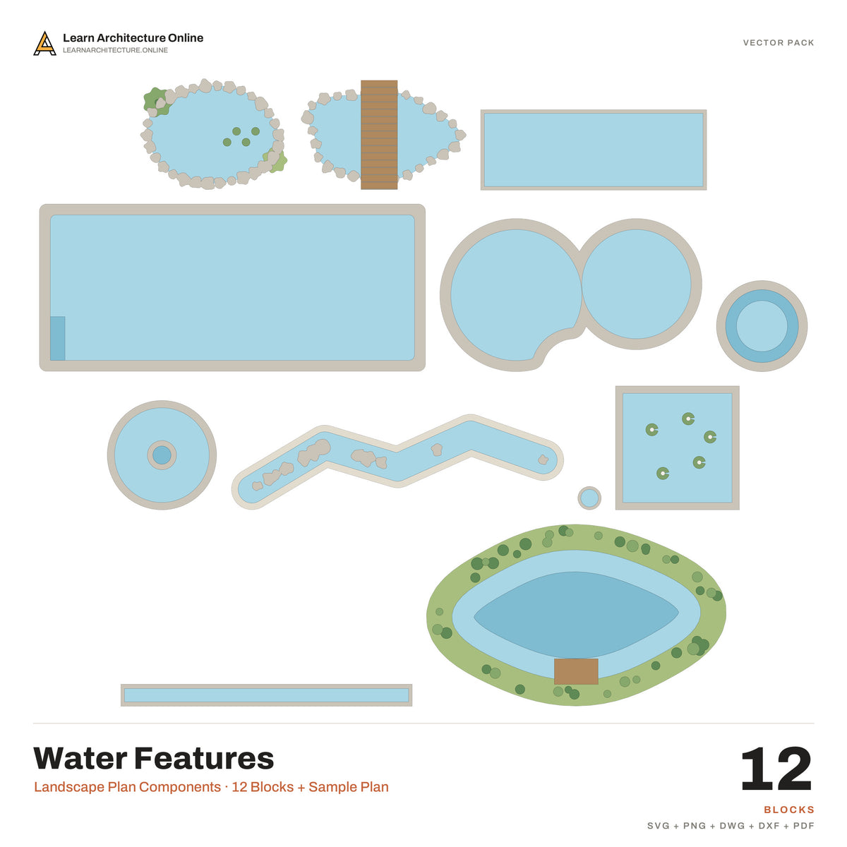 Landscape Plan Components: Water Features (12 Blocks + Sample Plan)