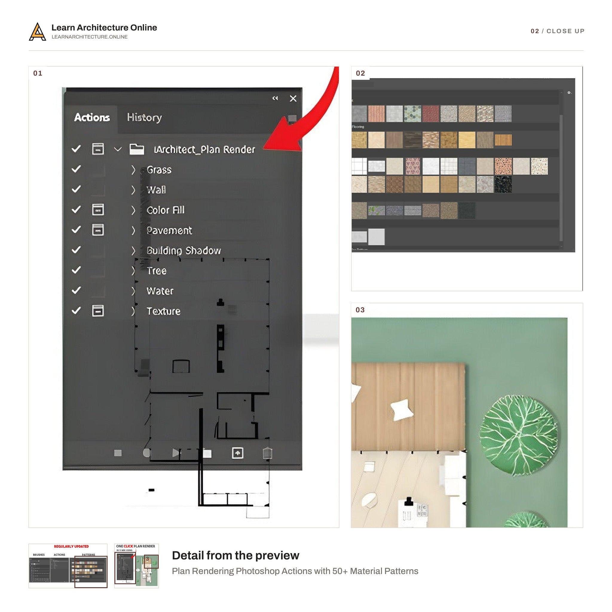 Plan Rendering Photoshop Actions with 50+ Material Patterns close up