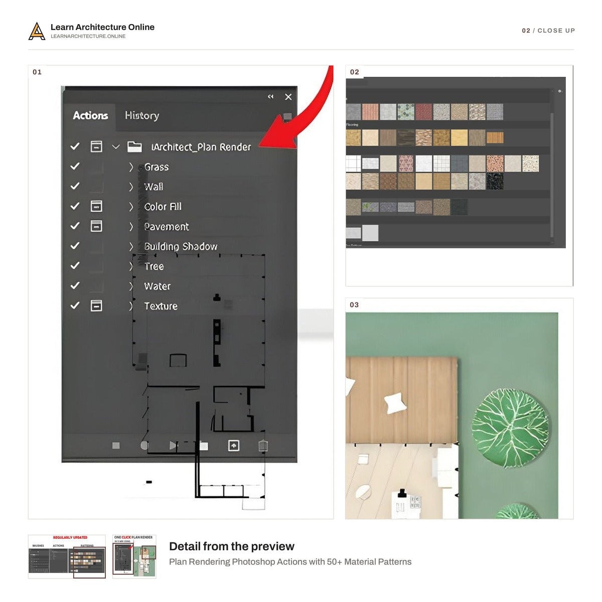 Plan Rendering Photoshop Actions with 50+ Material Patterns close up