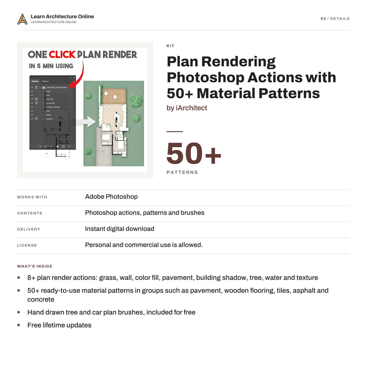 Plan Rendering Photoshop Actions with 50+ Material Patterns details