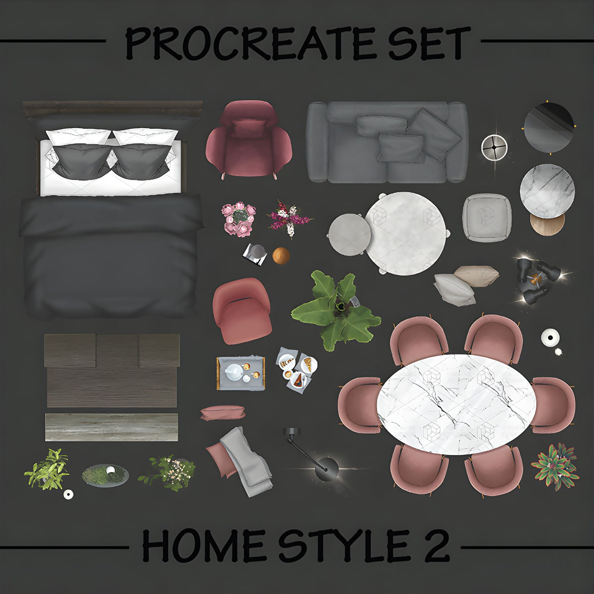Procreate Illustration & PNG Home Style 2 Furniture Top View — brush set, preview 1 of 3