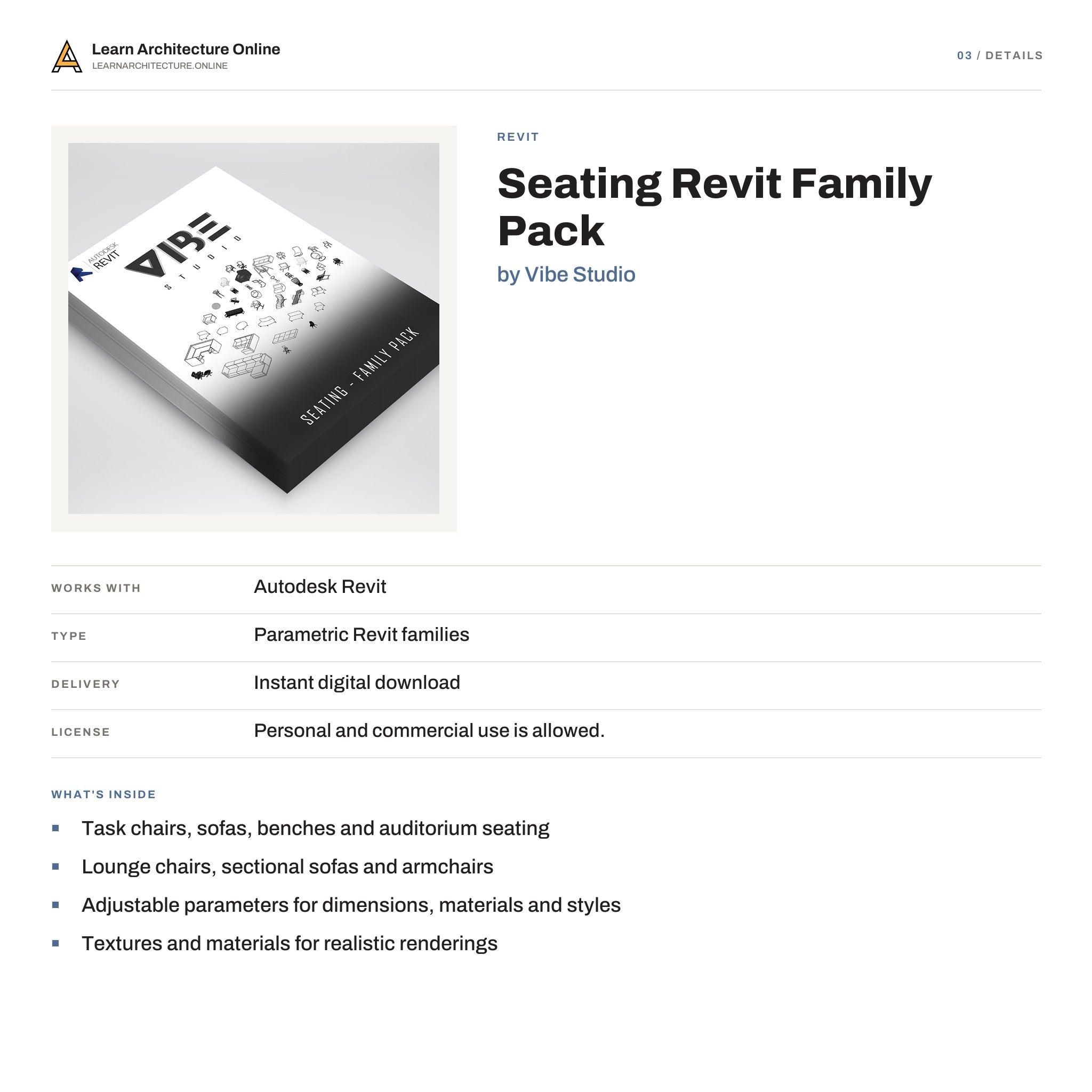 Seating Revit Family Pack details