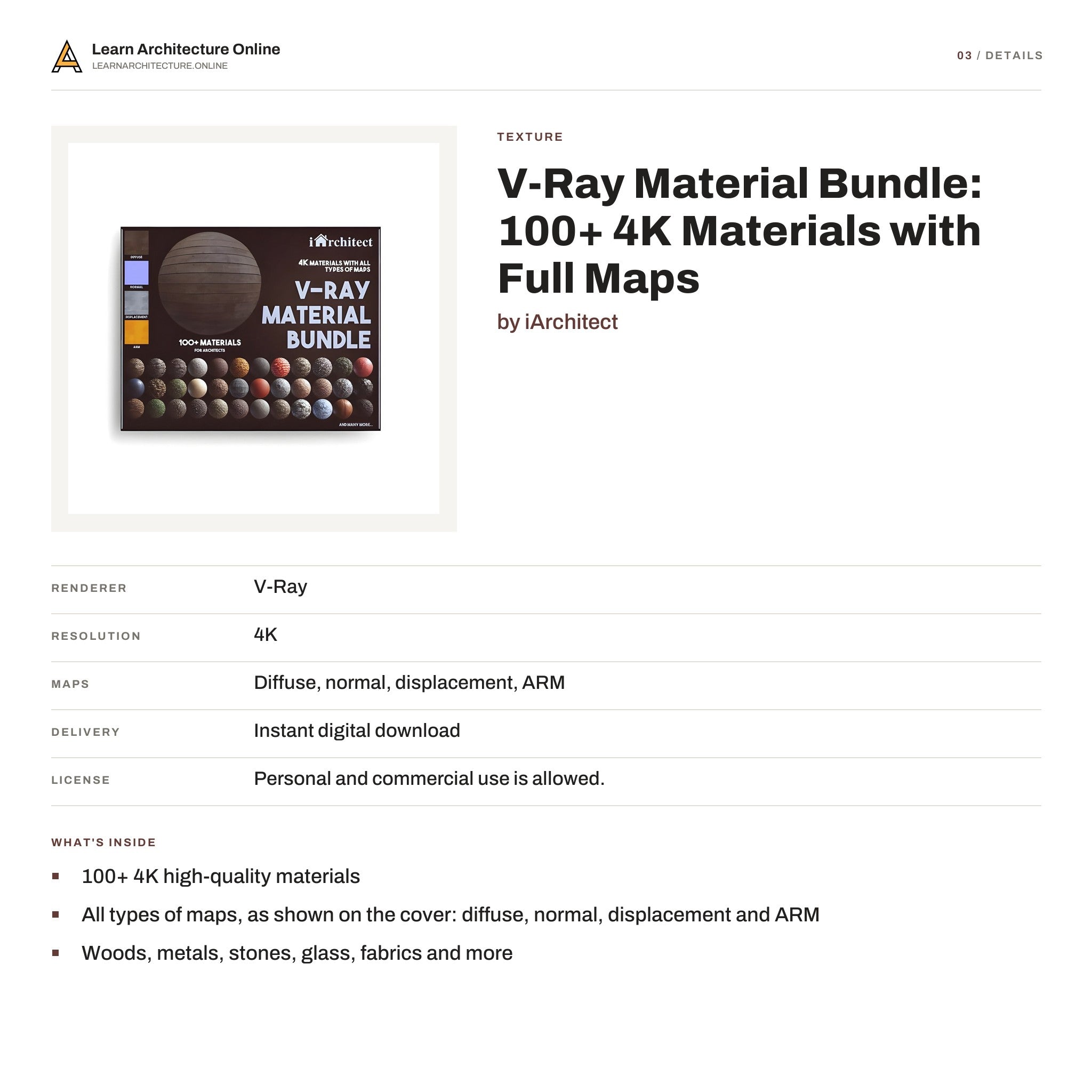 V-Ray Material Bundle: 100+ 4K Materials with Full Maps details