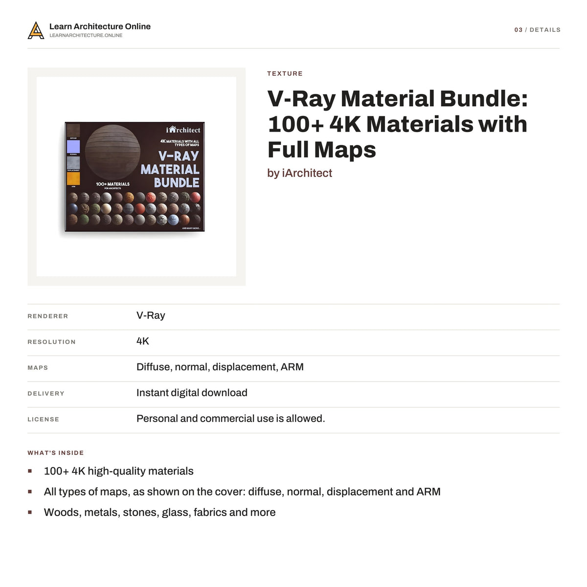 V-Ray Material Bundle: 100+ 4K Materials with Full Maps details